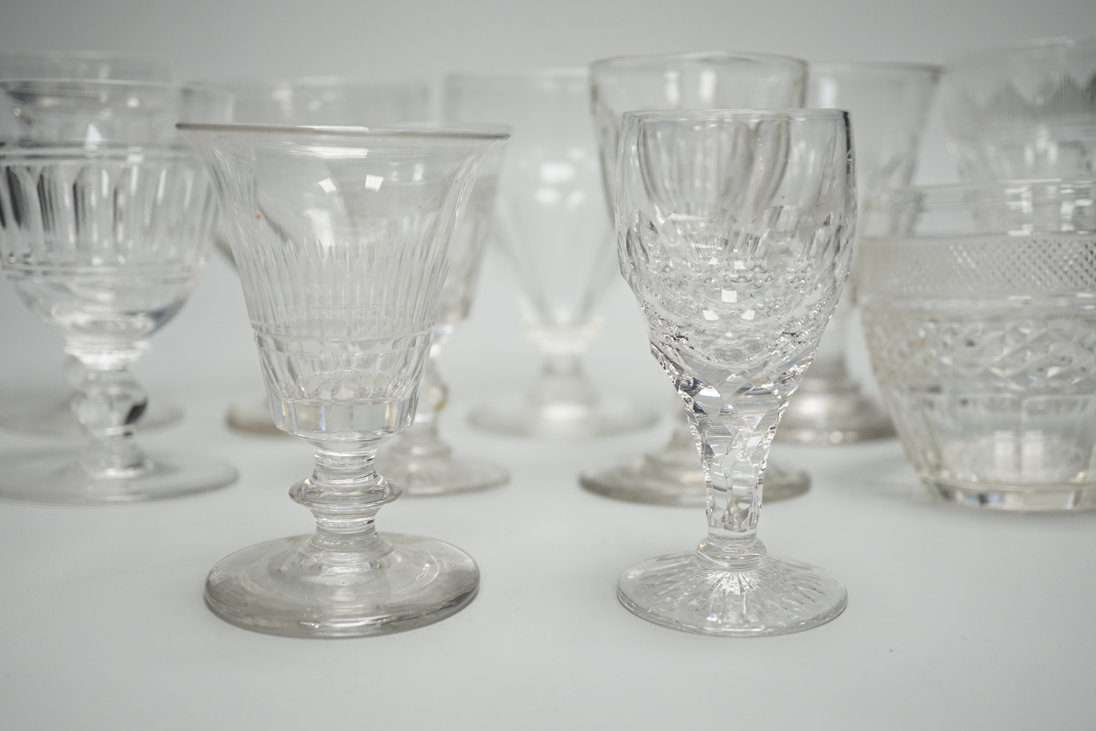 A collection of 18th/19th century table glasses including three Georgian rummers